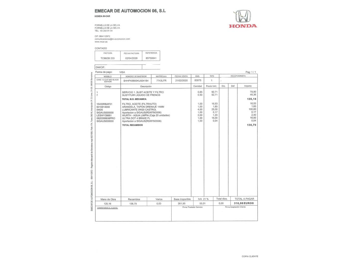 Foto del mantenimiento del Honda Civic Honda Civic 1.0 I-VTEC Turbo Dynamic Nav CVT (129 CV)
