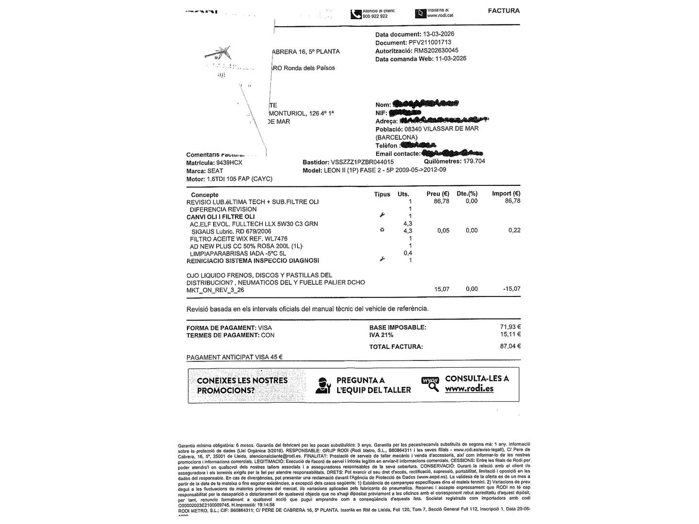 Foto del certificado del Seat León Seat León 1.6 TDI Style (105 CV)