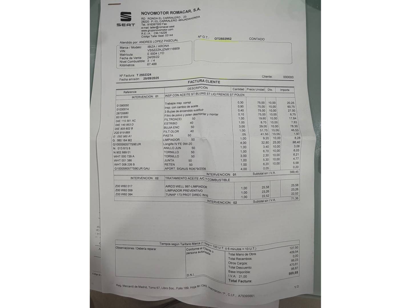 Foto del mantenimiento del Seat Arona Seat Arona 1.0 TSI Style (110 CV)