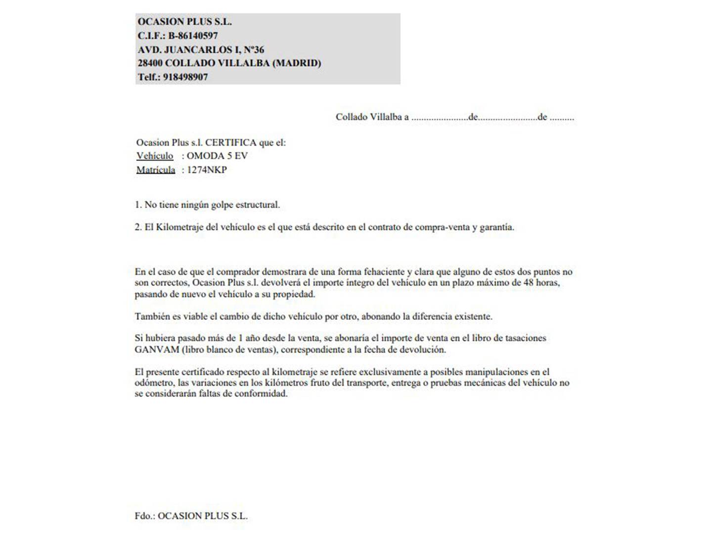 Foto del certificado del OMODA 5 EV Omoda 5 EV 61kWh Premium (211 CV)