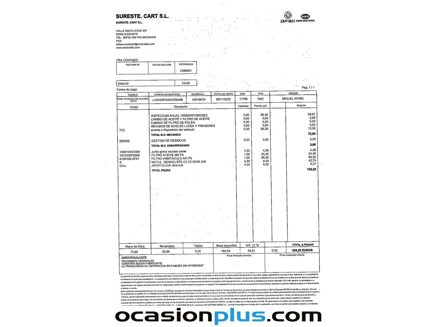 Foto del mantenimiento del DFSK Fengon 5 DFSK Fengon 5 1.5T Classic (136 CV) GLP