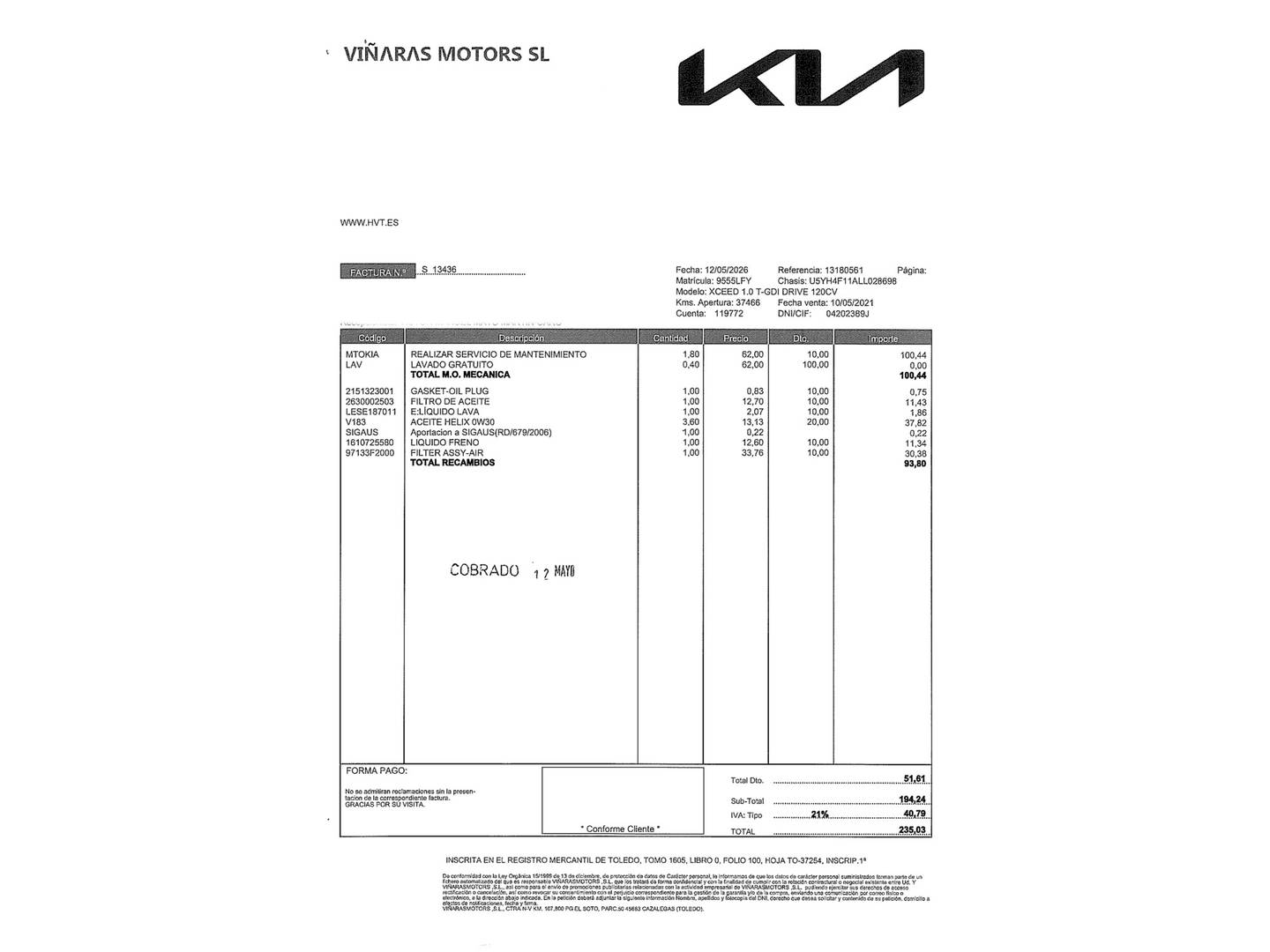 Foto del certificado del KIA XCeed KIA XCeed 1.0 T-GDi Drive (120 CV)