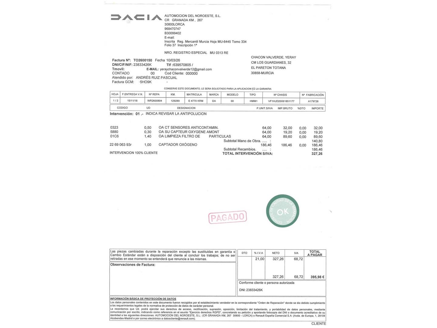 Foto del mantenimiento del Dacia Duster Dacia Duster Comfort 1.6 4x2 (115 CV)