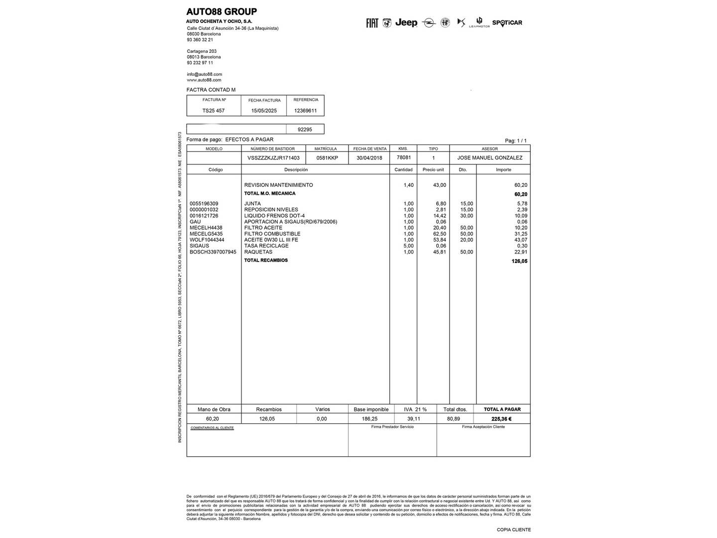 Foto del mantenimiento del Seat Ibiza Seat Ibiza 1.6 TDI CR S&S FR (115 CV)