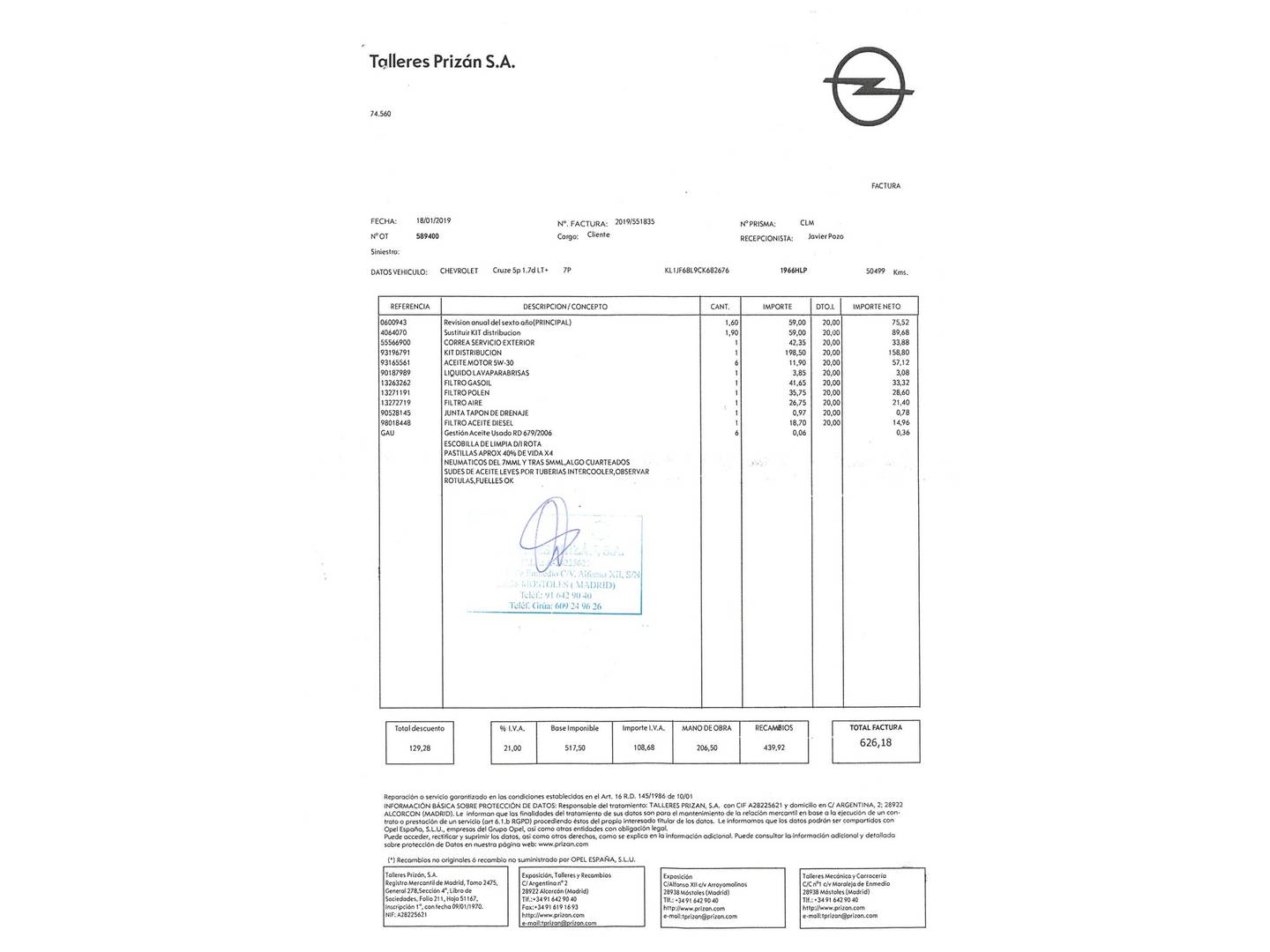 Foto del mantenimiento del Chevrolet Cruze Chevrolet Cruze 1.7 VCDI LT+ Clima (130 CV)