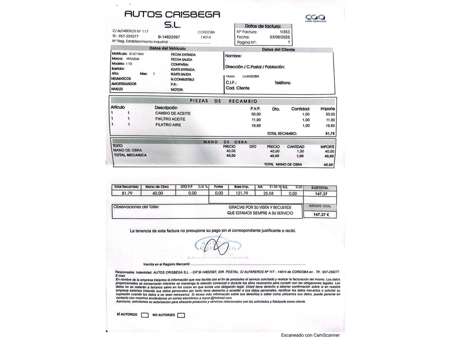Foto del mantenimiento del Hyundai i10 Hyundai i10 1.0 Tecno Blue (66 CV)