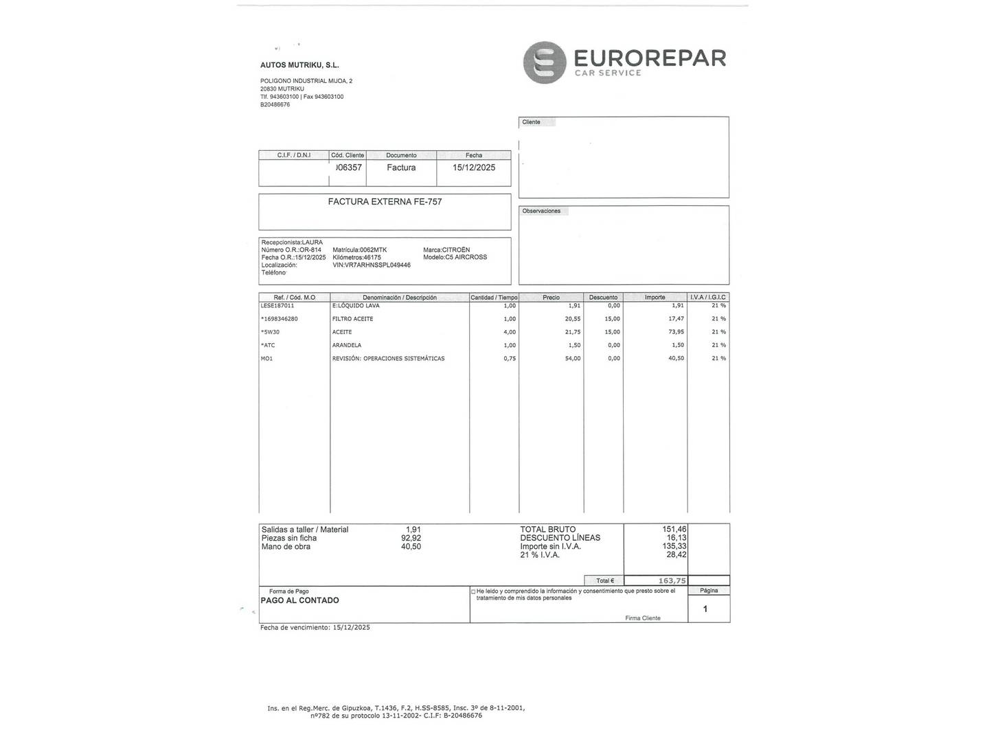 Foto del mantenimiento del Citroën C5 Aircross Citroën C5 Aircross PureTech 130 S&S Feel Pack EAT8 (131 CV)