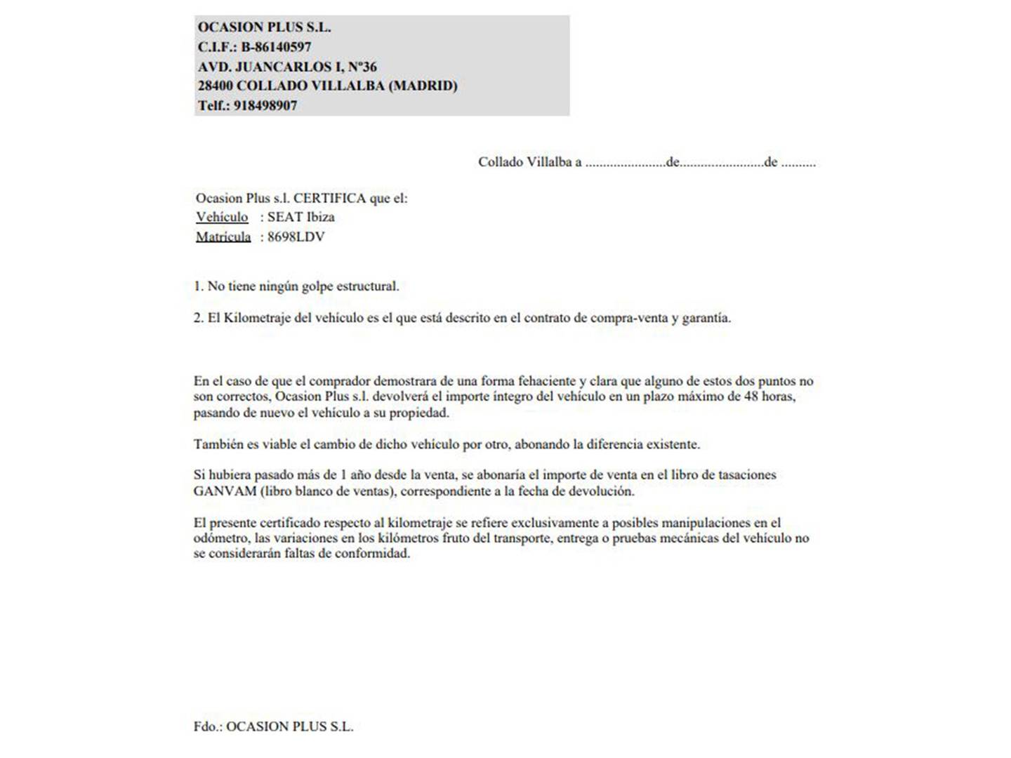Foto del certificado del Seat Ibiza Seat Ibiza 1.0 TSI FR Plus (115 CV)