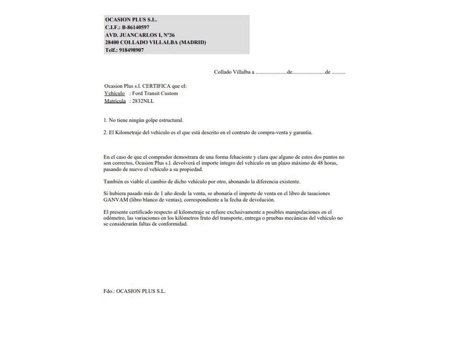 Foto del certificado del Ford Transit Custom Ford Transit Custom Furgon 2.0 Ecoblue 280 L1 Trend (136 CV)