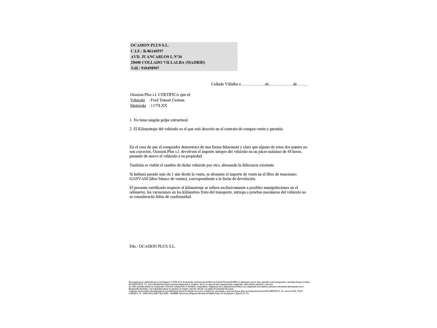 Foto del certificado del Ford Transit Ford Transit Furgon 350 L3H2 Trend (130 CV)