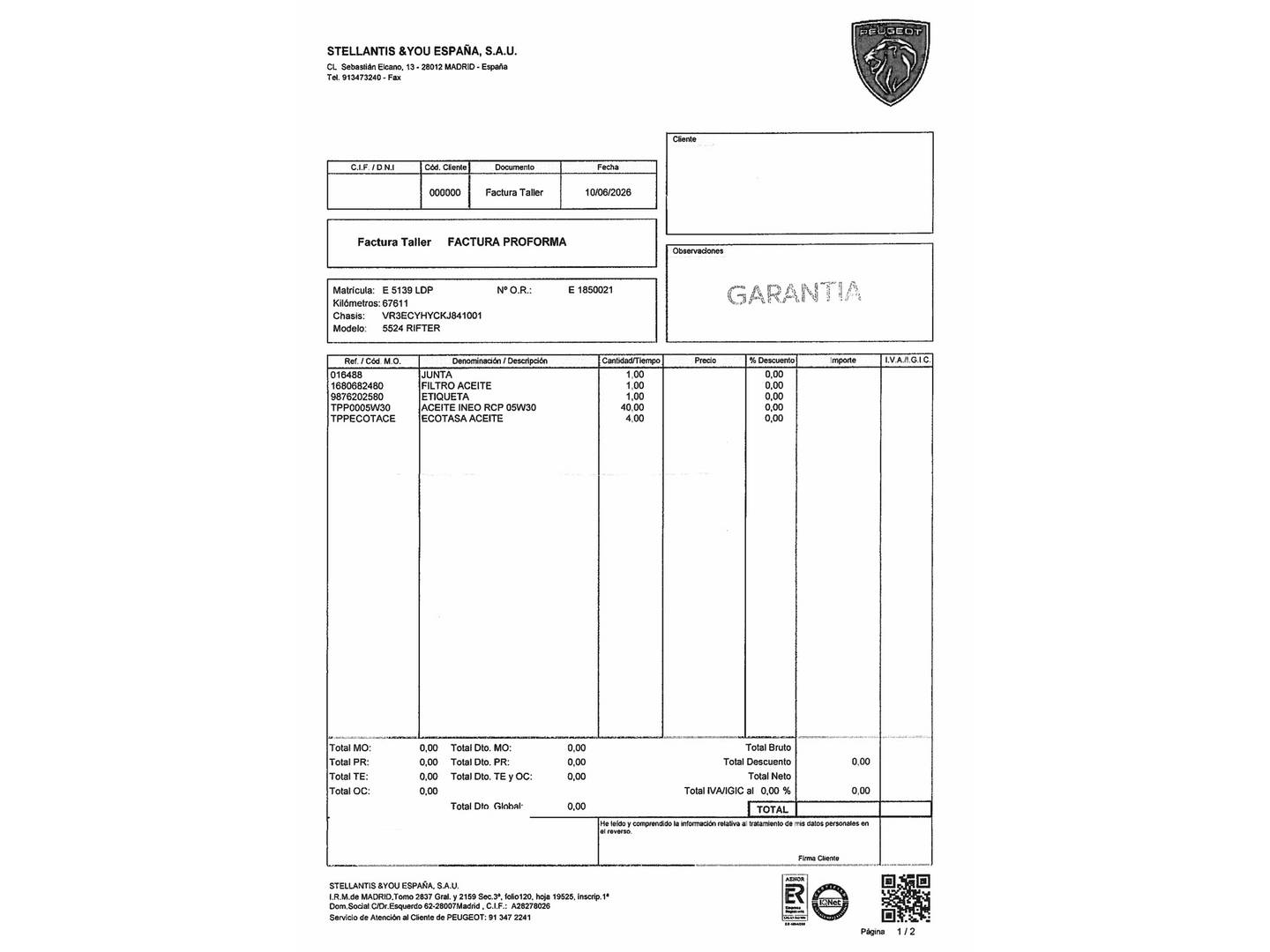 Foto del mantenimiento del Peugeot Rifter Peugeot Rifter BlueHDi 100 Active Standard Nav+ (100 CV)