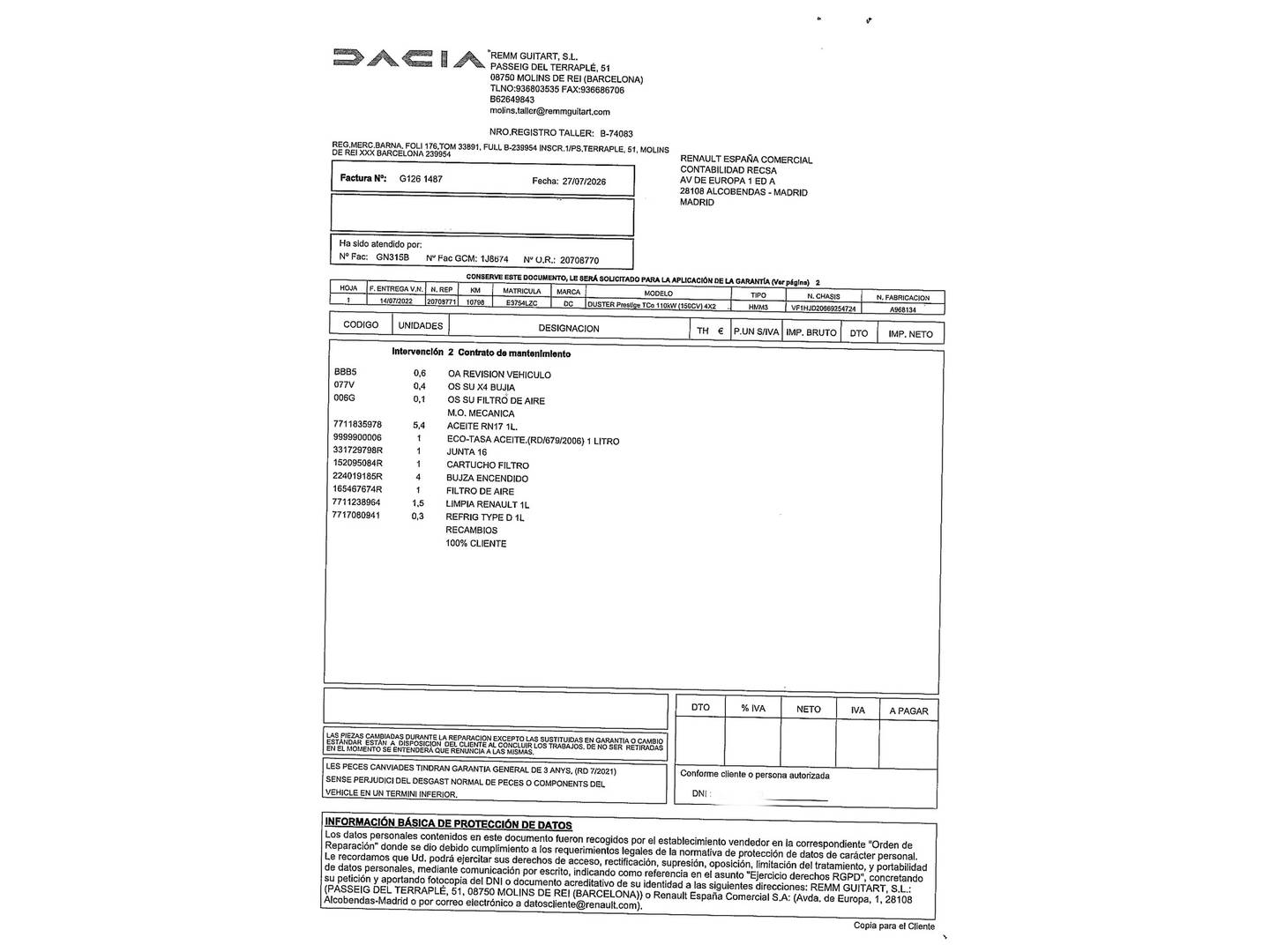 Foto del mantenimiento del Dacia Duster Dacia Duster Prestige TCE (150 CV) EDC