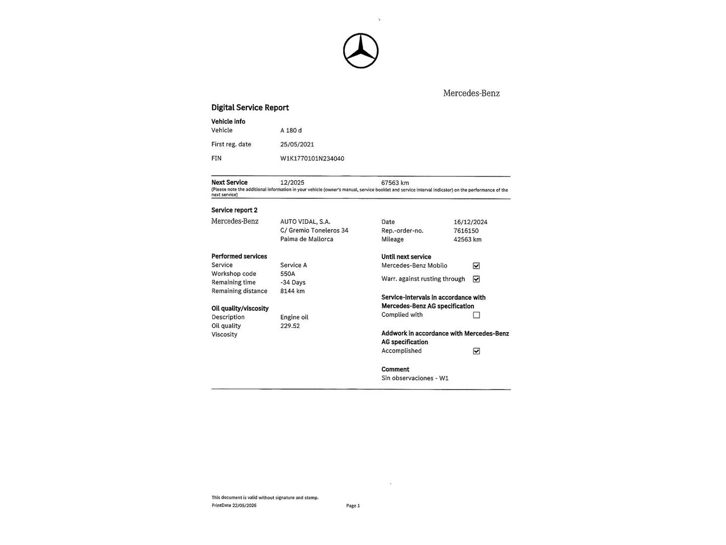 Foto del mantenimiento del Mercedes Clase A Mercedes Clase A 180 d (116 CV) Pack AMG