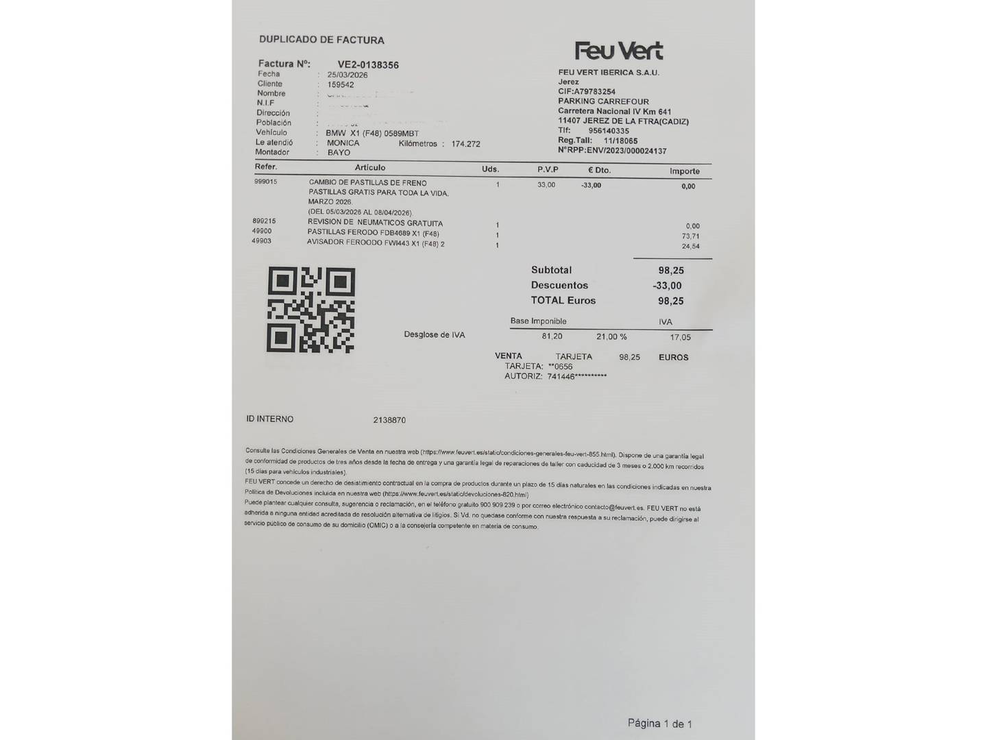 Foto del mantenimiento del BMW X1 BMW X1 sDrive18d (150 CV)