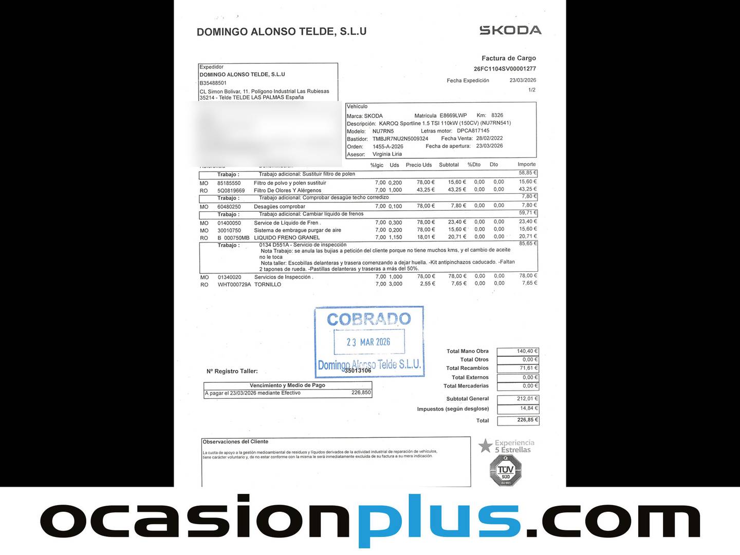 Foto del mantenimiento del Skoda Karoq Skoda Karoq 1.5 TSI ACT Sportline (150 CV)