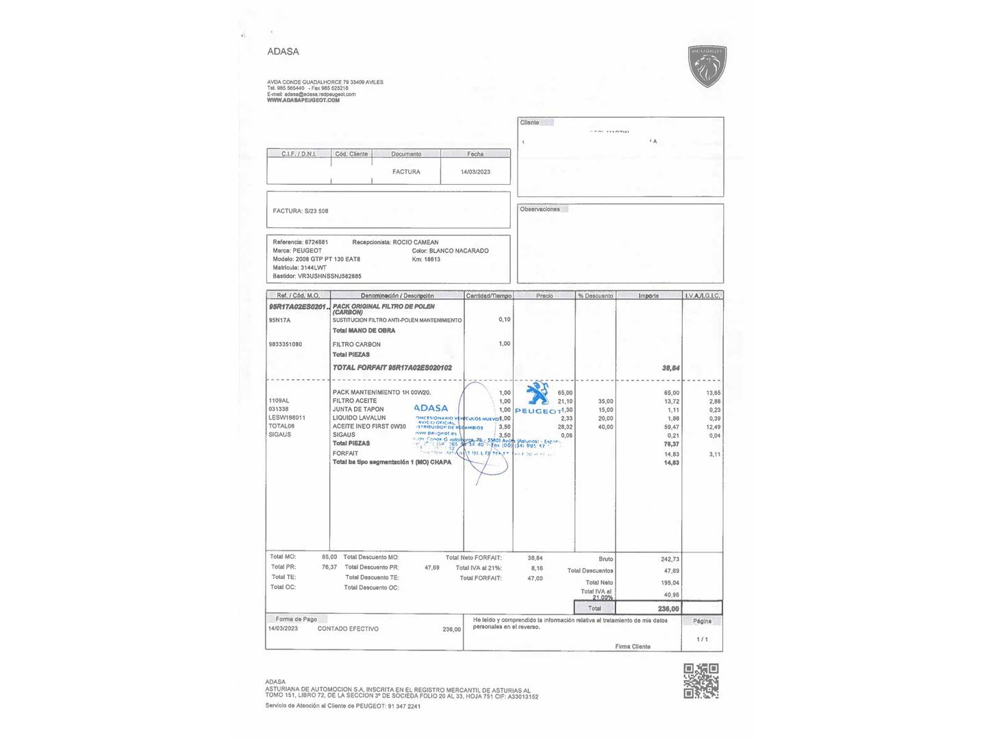 Foto del mantenimiento del Peugeot 2008 Peugeot 2008 PureTech 130 S&S GT Pack EAT8 (130 CV)