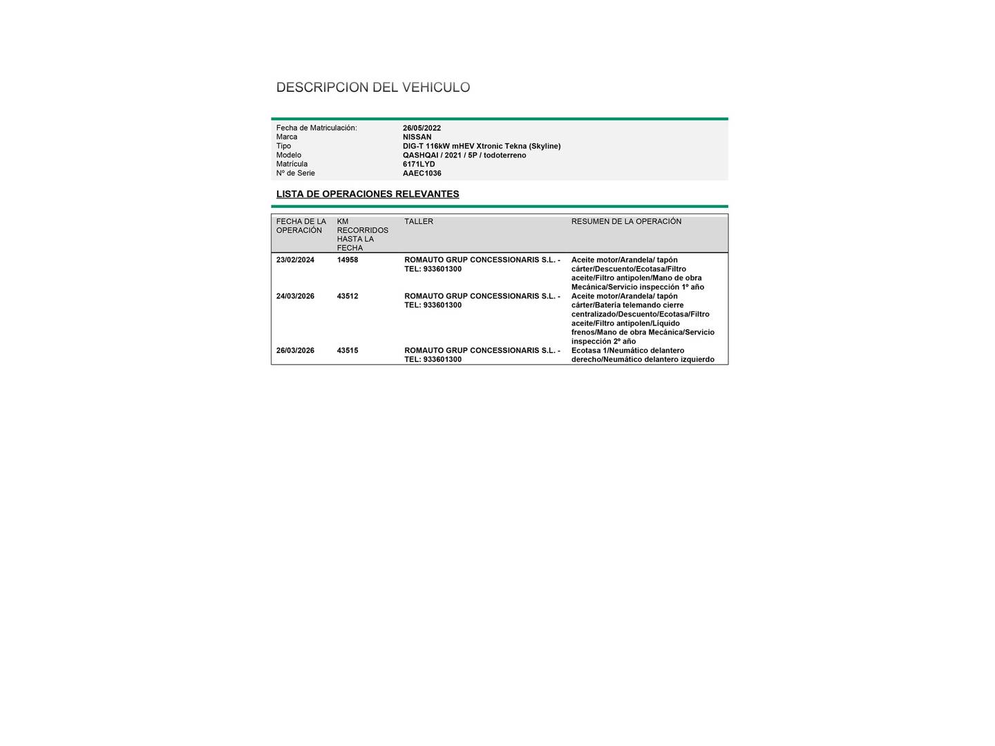 Foto del mantenimiento del Nissan QASHQAI Nissan Qashqai DIG-T 160 mHEV Tekna Xtronic (158 CV)