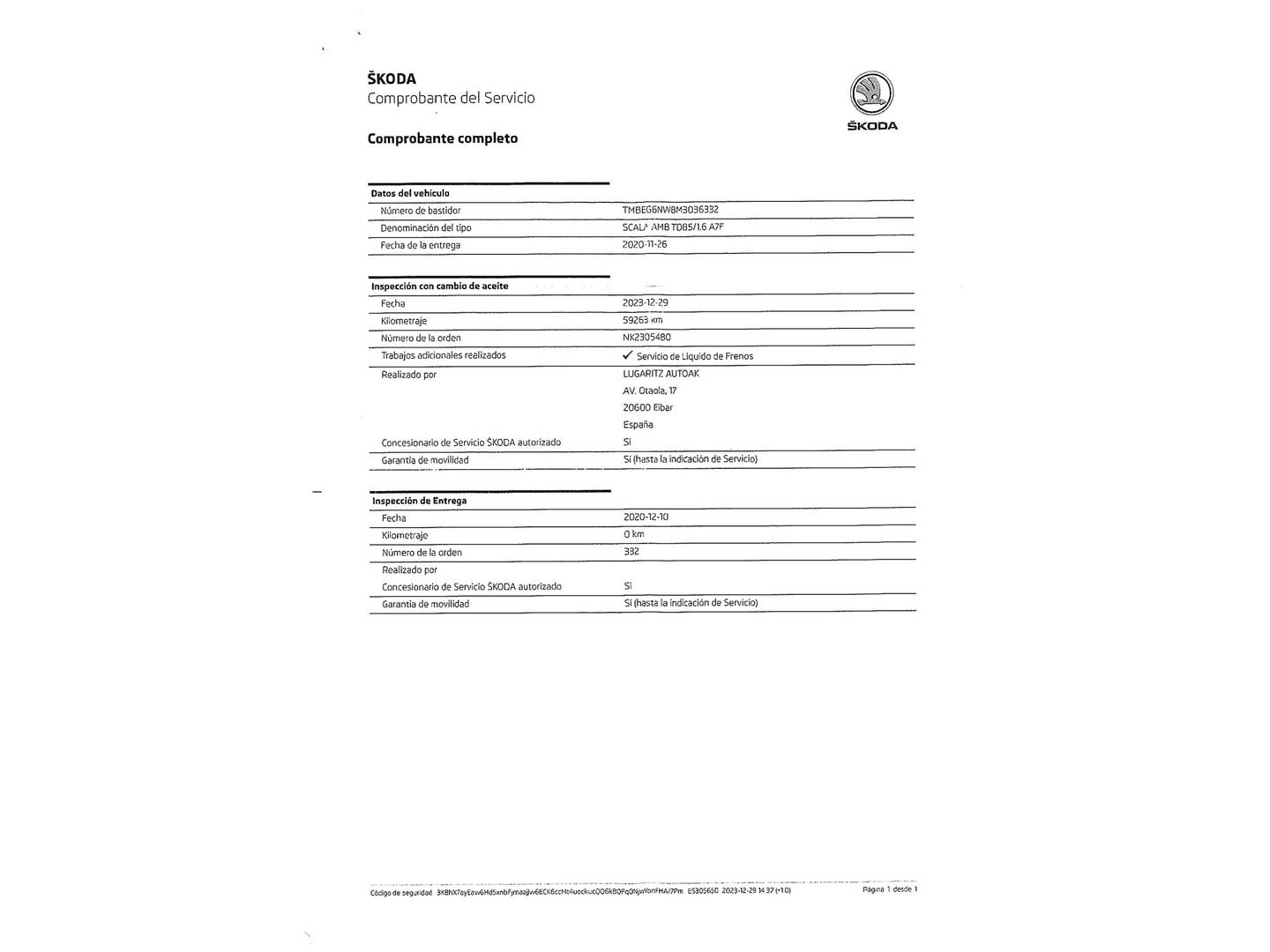 Foto del mantenimiento del Skoda Scala Skoda Scala 1.6 TDI Ambition DSG (115 CV)