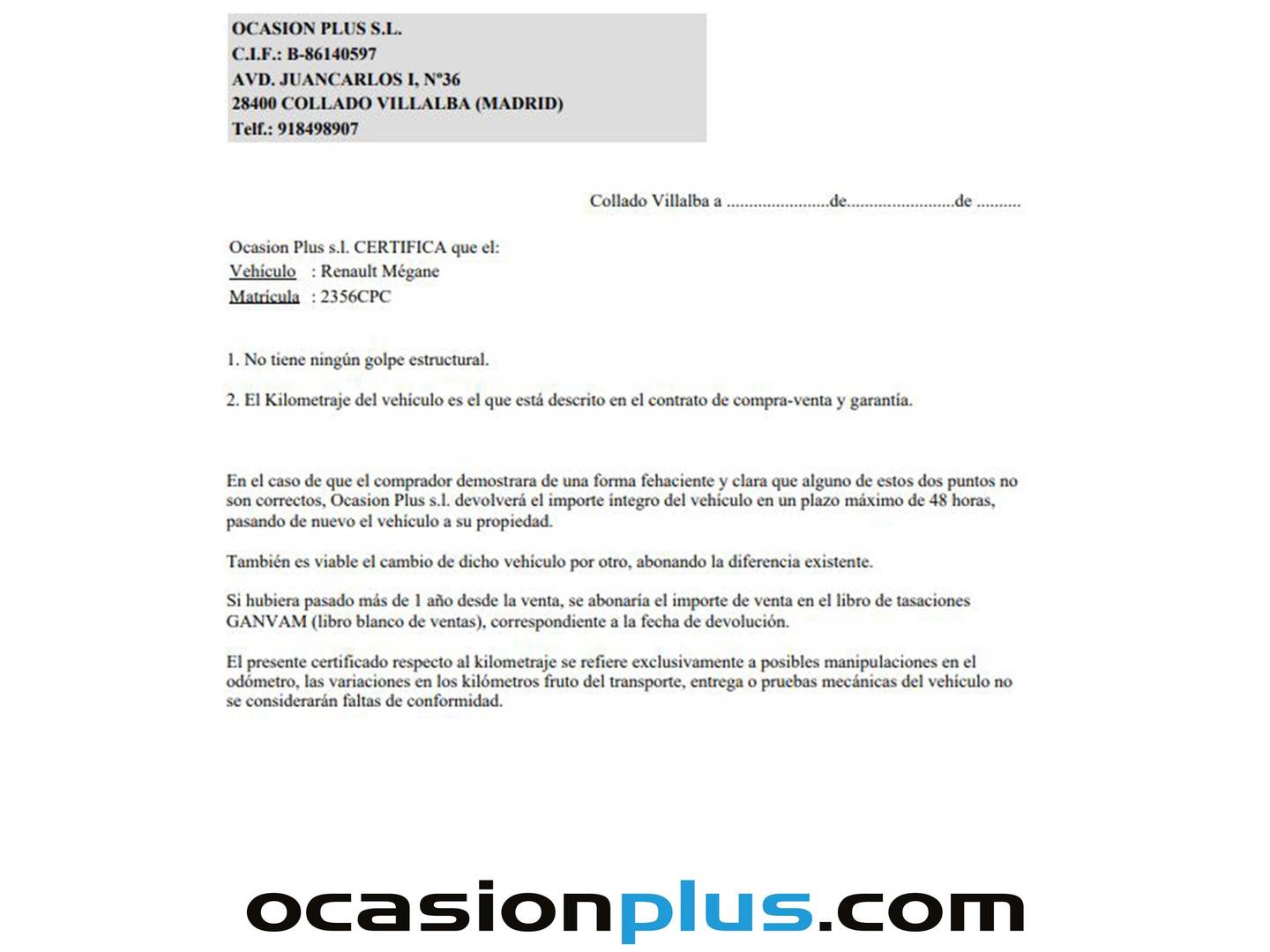 Foto del certificado del Renault Mégane Renault Megane 1.9 dCi Confort Expression (120 CV)