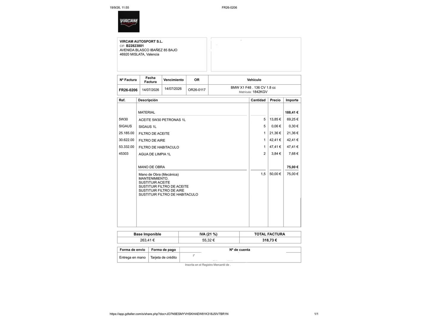 Foto del mantenimiento del BMW X1 BMW X1 sDrive18d Business (150 CV)