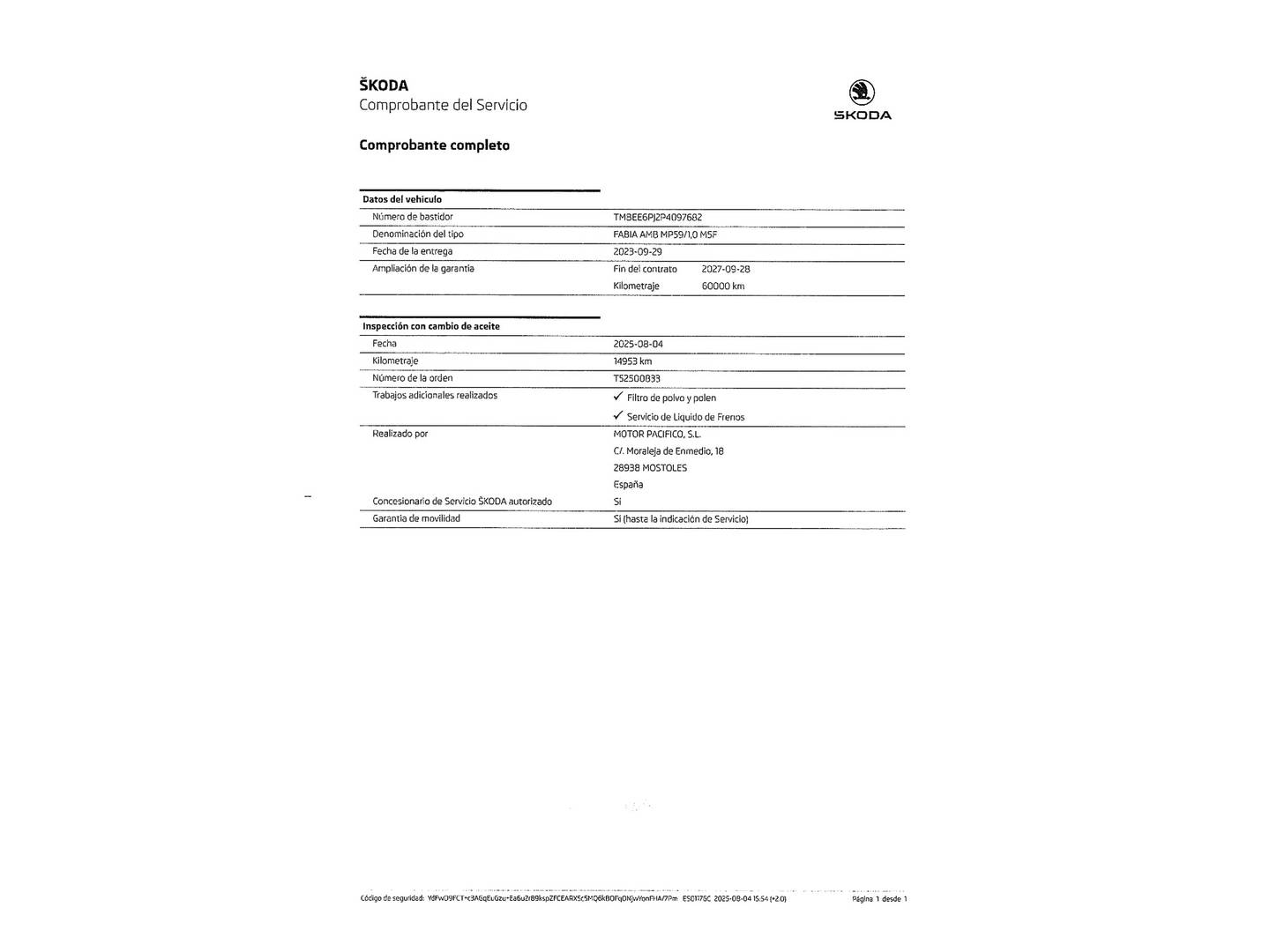 Foto del mantenimiento del Skoda Fabia Skoda Fabia 1.0 MPI Ambition (80 CV)