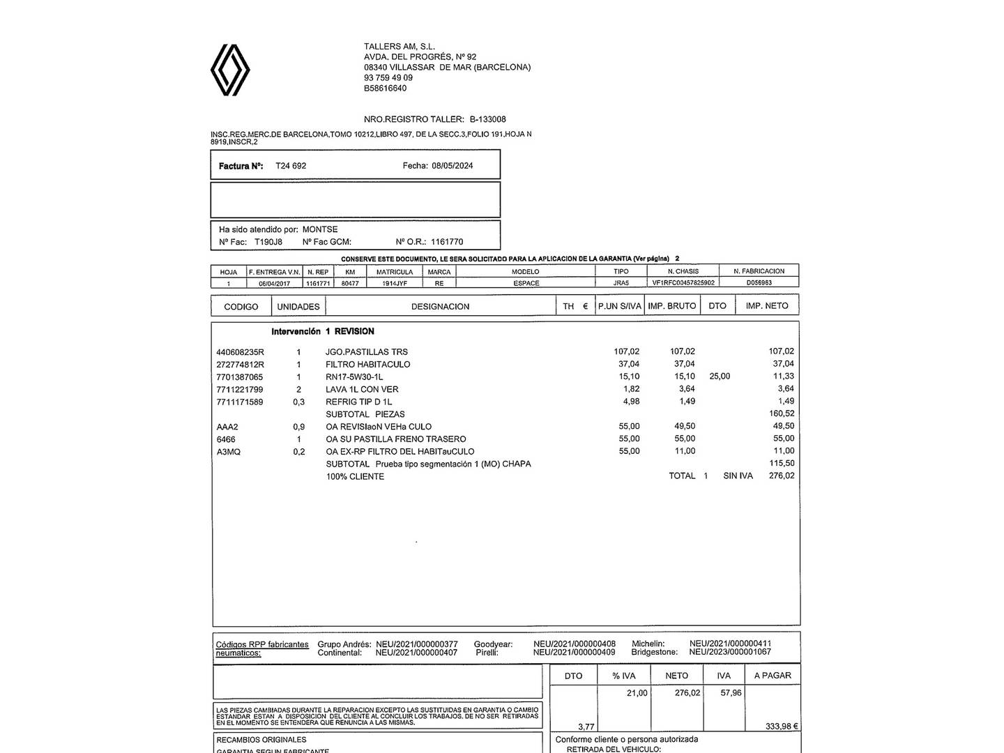Foto del mantenimiento del Renault Espace Renault Espace Zen Energy dCi  (160 CV) TT EDC 7 Plazas