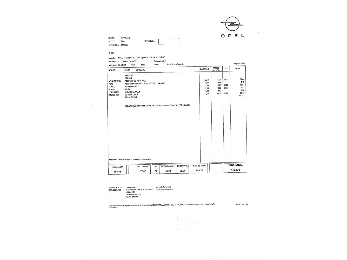 Foto del mantenimiento del Opel Frontera Opel Frontera 1.2T XHT Hybrid eDCT6 GS (146 CV)