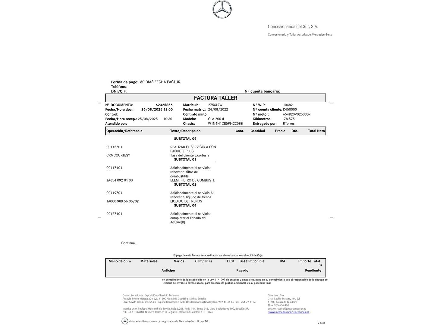 Foto del mantenimiento del Mercedes GLA Mercedes GLA 200 D (150 CV)