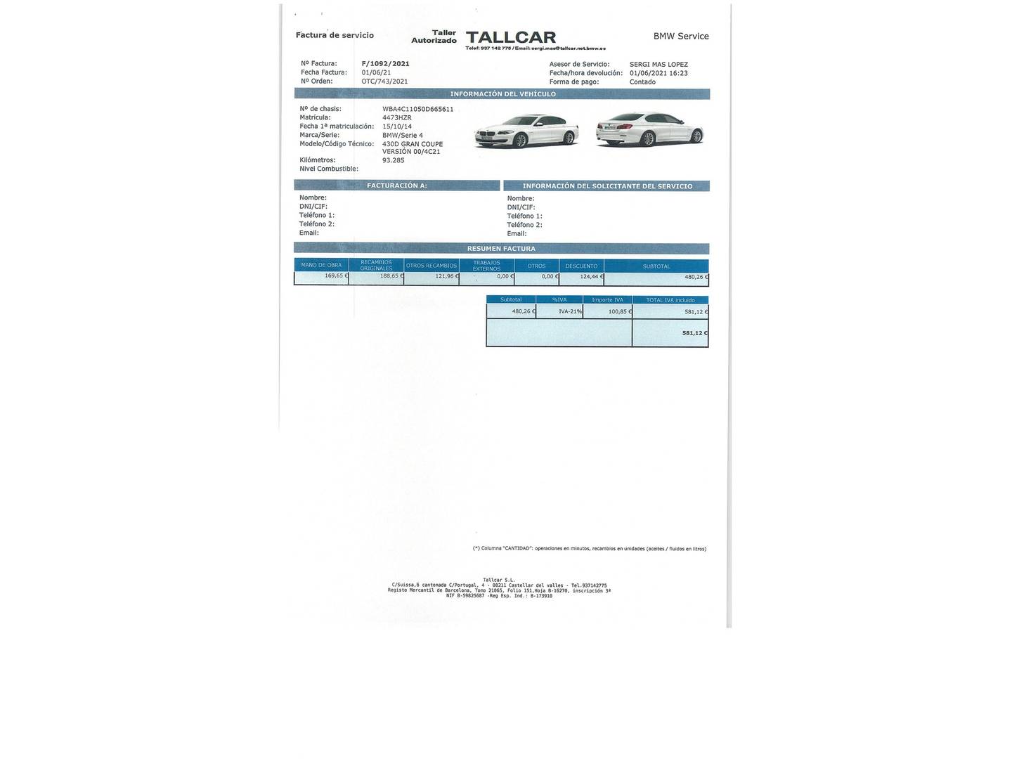 Foto del mantenimiento del BMW Serie 4 BMW Serie 4 430d Gran Coupe (258 CV) Pack Sport
