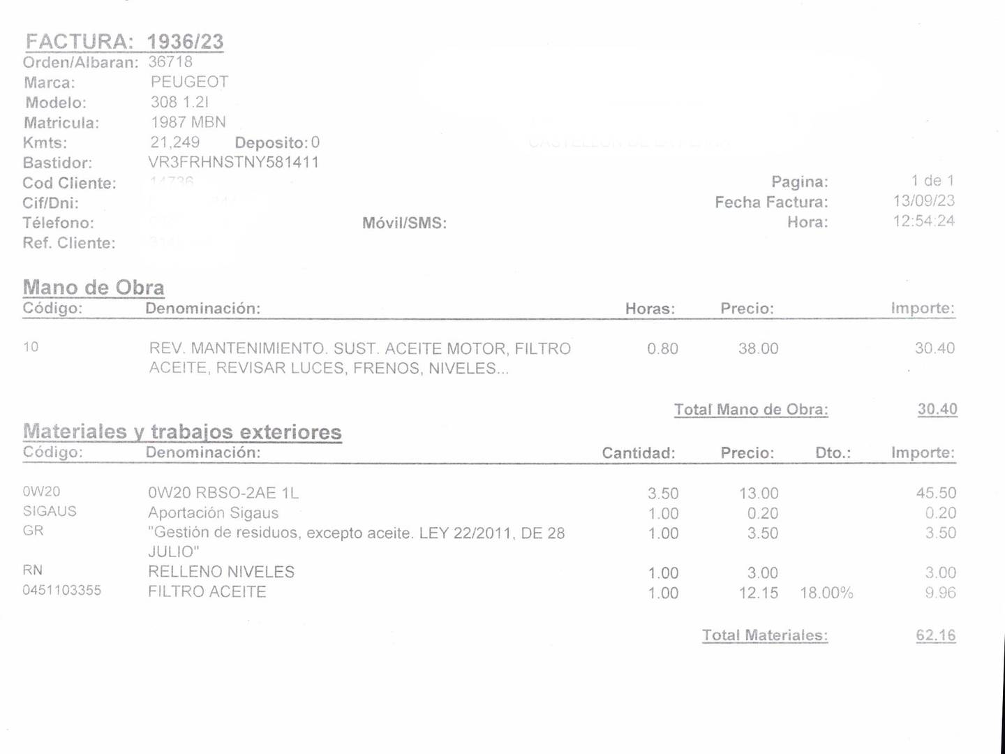 Foto del mantenimiento del Peugeot 308 Peugeot 308 SW PureTech 130 S&S GT EAT8 (130 CV)