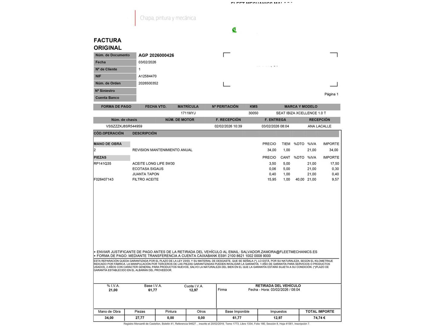 Foto del mantenimiento del Seat Ibiza Seat Ibiza 1.0 TSI S&S Xcellence (115 CV)