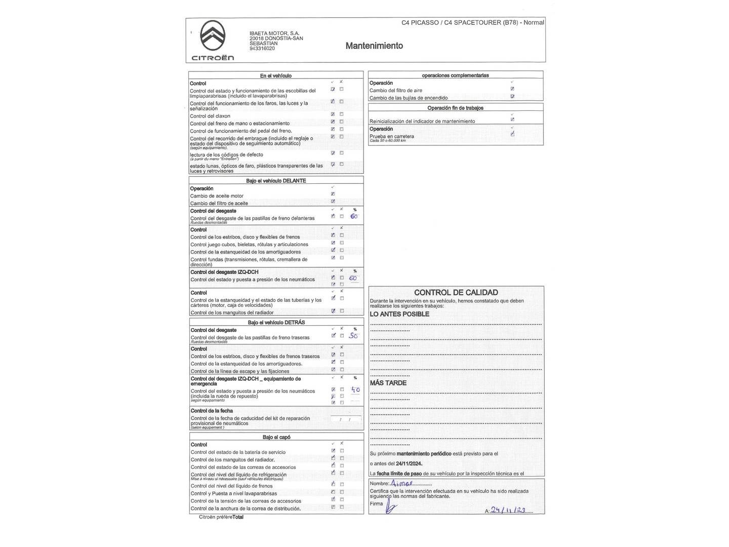 Foto del mantenimiento del Citroën Grand C4 Spacetourer Citroën Grand C4 Spacetourer PureTech 130 S&S 6v C-Series (131 CV) 7 Plazas