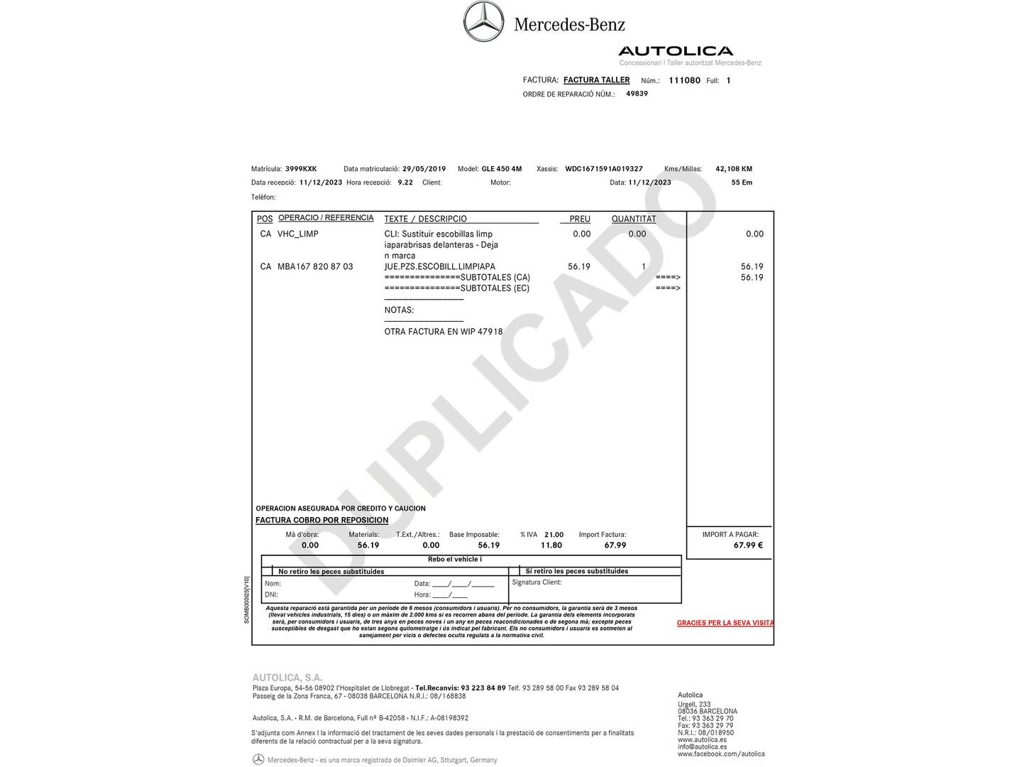 Foto del mantenimiento del Mercedes GLE Mercedes GLE 450 4Matic (367 CV)