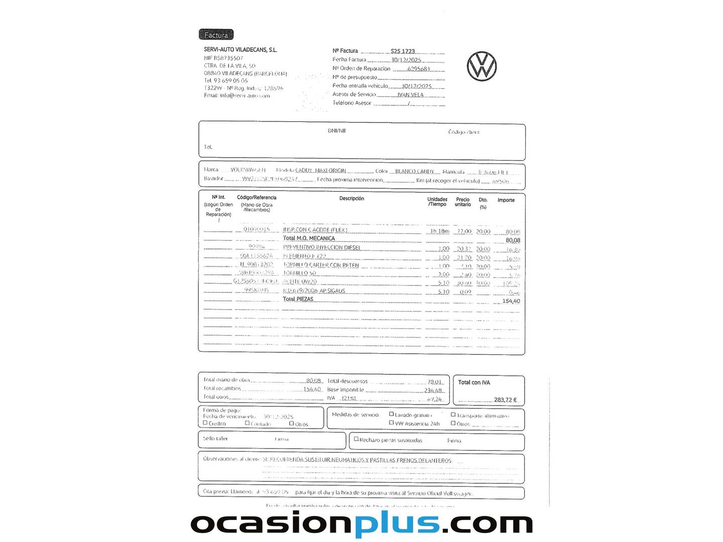 Foto del mantenimiento del Volkswagen Caddy Volkswagen Caddy Maxi Origin 2.0 TDI (122 CV) DSG 7 Plazas