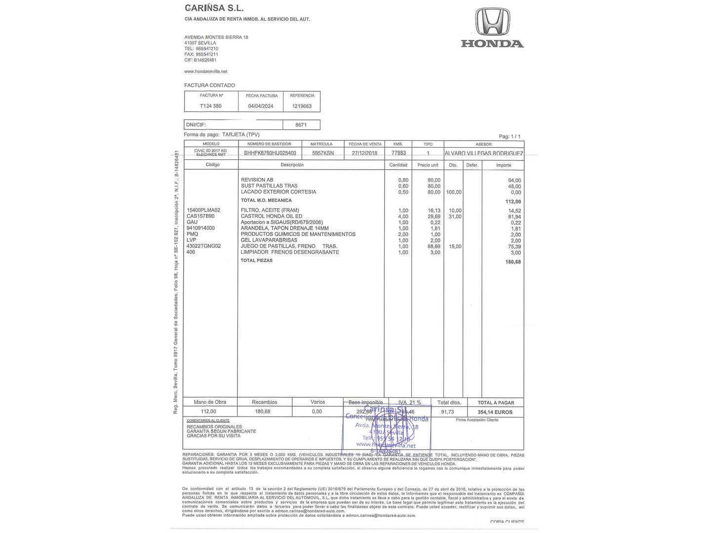 Foto del mantenimiento del Honda Civic Honda Civic 1.0 I-VTEC TURBO Elegance (129 CV)