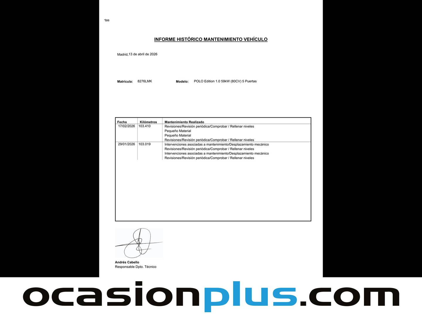 Foto del mantenimiento del Volkswagen Polo Volkswagen Polo Edition 1.0 (80 CV)