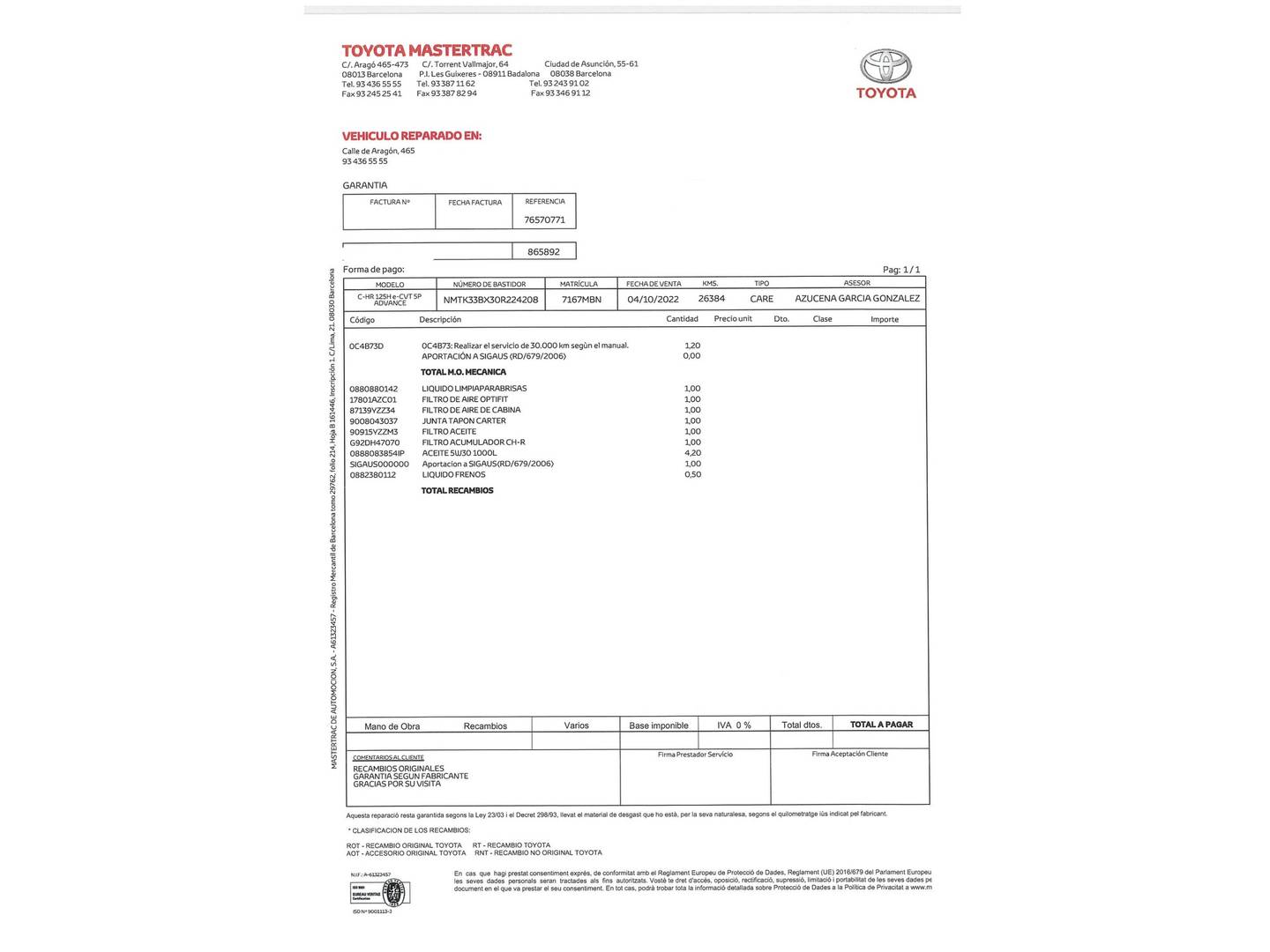Foto del mantenimiento del Toyota C-HR Toyota C-HR 1.8 125H Advance (122 CV)