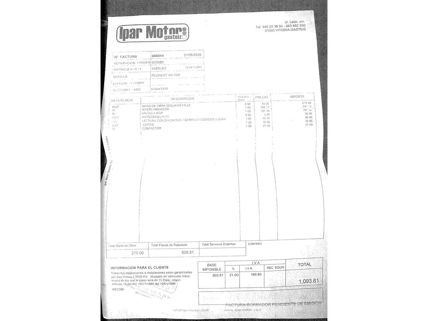 Foto del mantenimiento del Peugeot Rifter Peugeot Rifter BlueHDi 130 GT Line Standard (130 CV)
