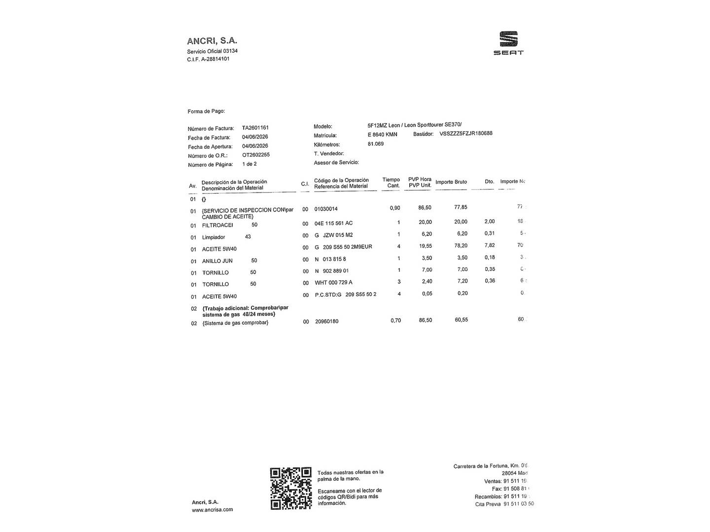 Foto del mantenimiento del Seat León Seat León 1.4 TGI GNC S&S Style Visio DSG (110 CV)