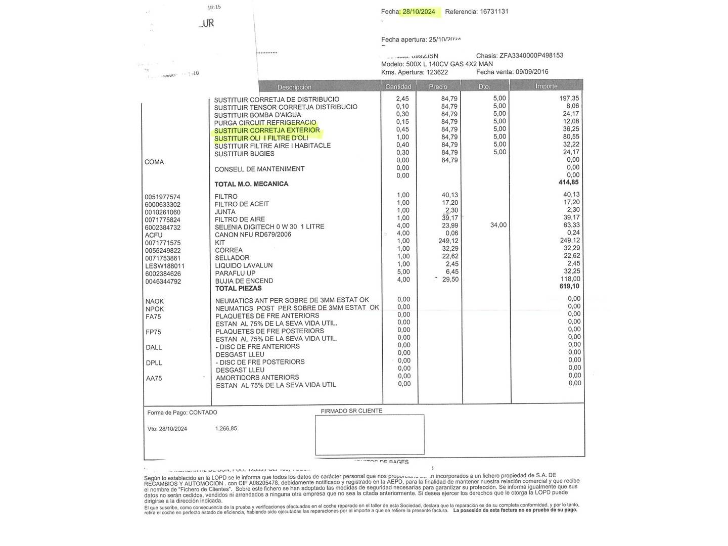 Foto del mantenimiento del Fiat 500X Fiat 500X 1.4 MultiAir Lounge 4x2 (140 CV)