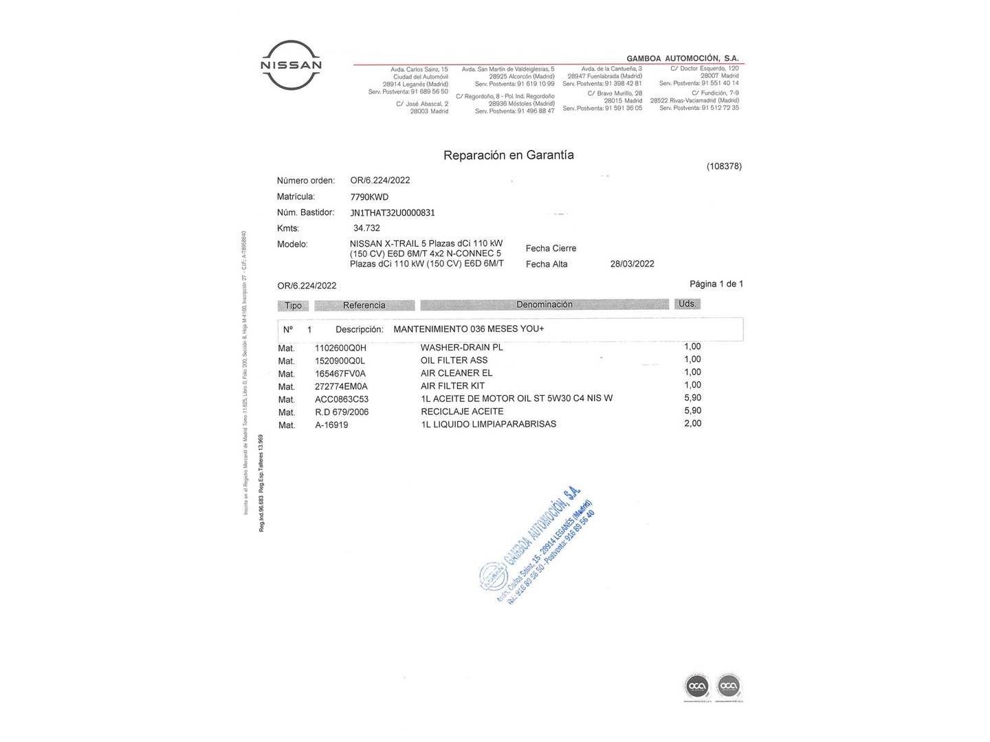 Foto del mantenimiento del Nissan X-TRAIL Nissan X-Trail Visia dCi (150 CV)