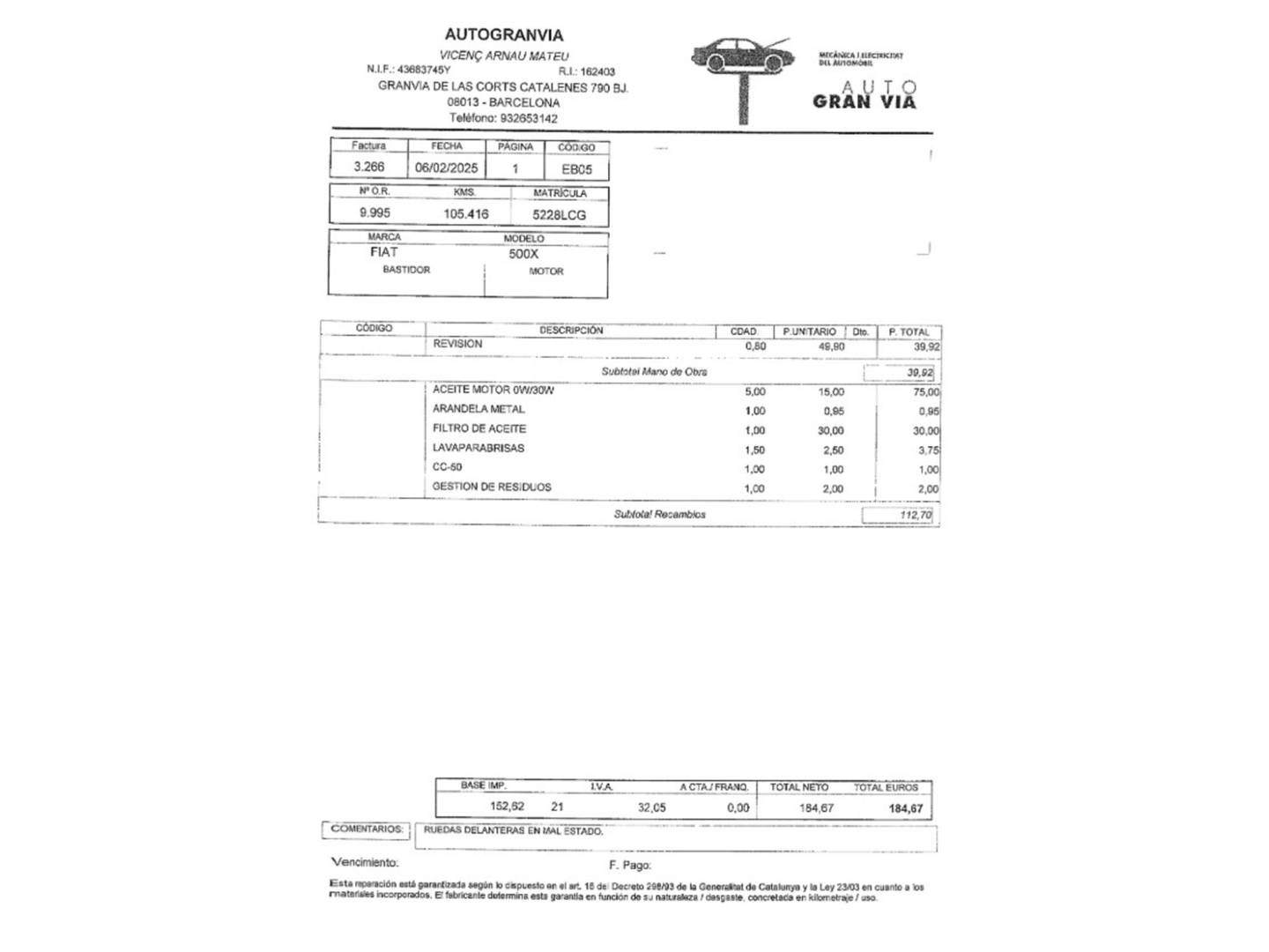 Foto del mantenimiento del Fiat 500X Fiat 500X 1.6 MultiJet S&S Cross (120 CV)