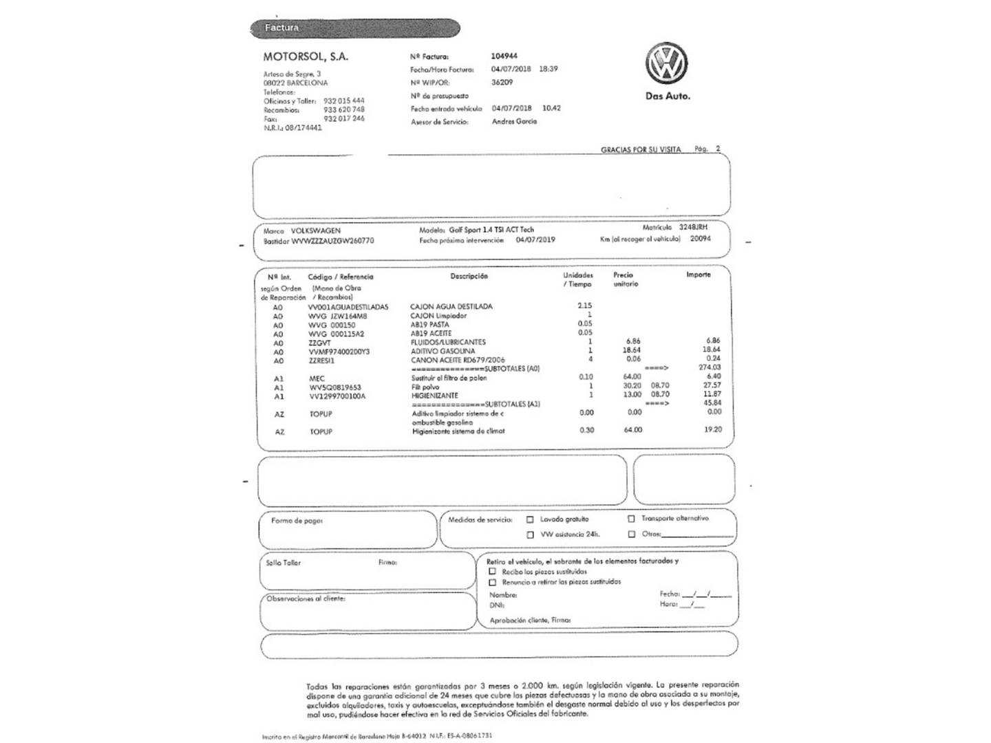 Foto del mantenimiento del Volkswagen Golf Volkswagen Golf Sport 1.4 TSI BMT ACT Tech (150 CV) DSG Pack R-Line