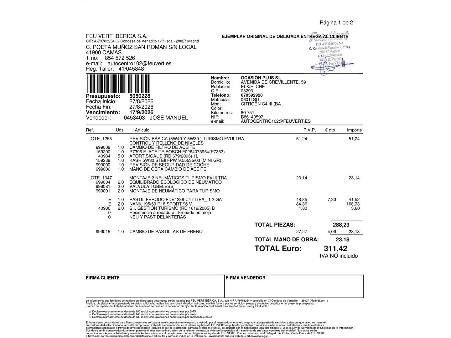 Foto del mantenimiento del Citroën C4 Citroën C4 PureTech 130 S&S 6v Feel Pack (130 CV)