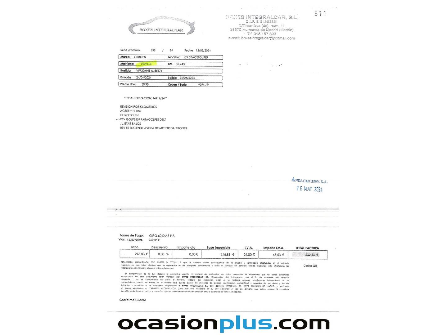 Foto del mantenimiento del Citroën C4 Spacetourer Citroën C4 Spacetourer PureTech 130 S&S Feel EAT8 (130 CV)