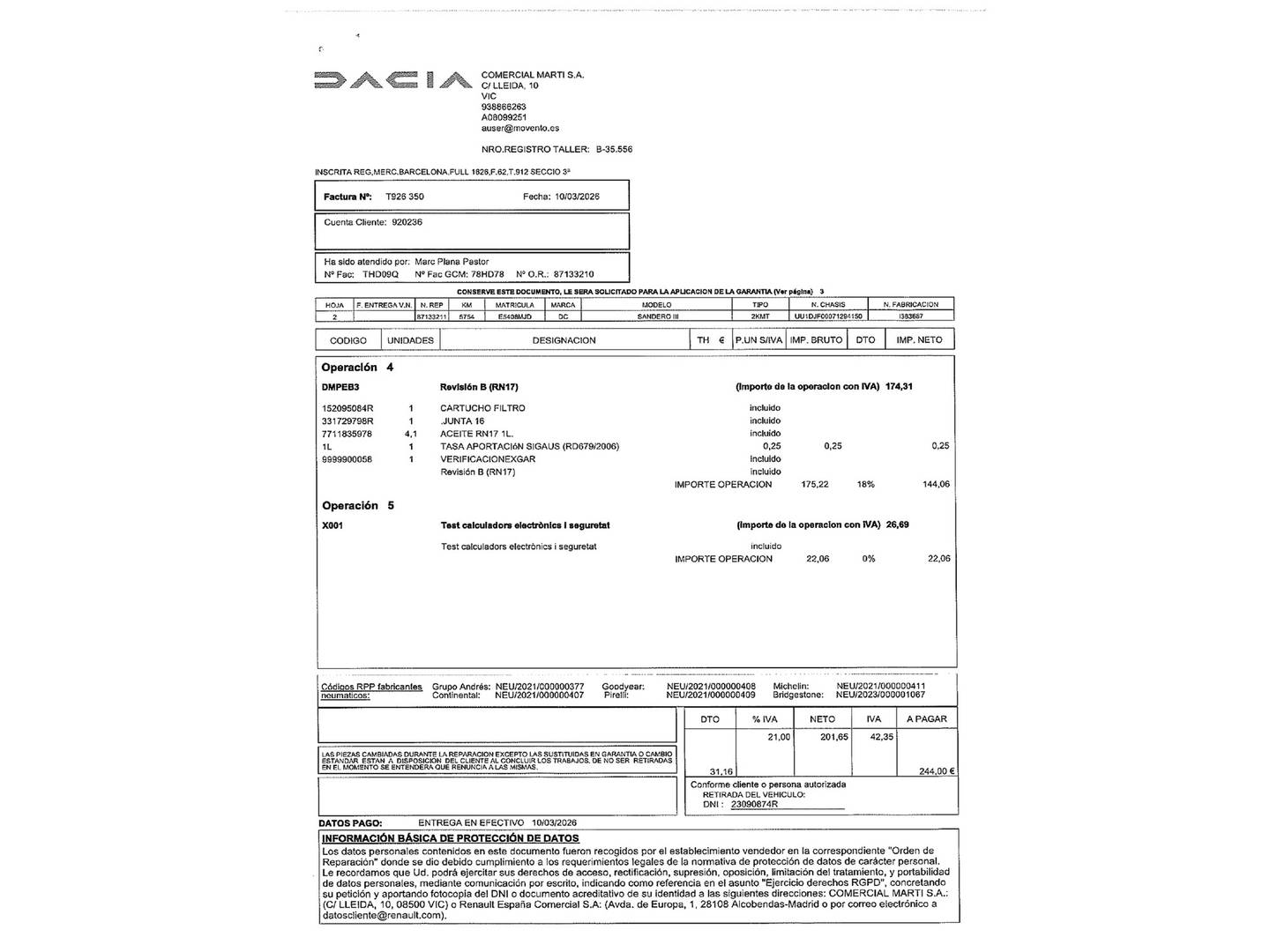 Foto del mantenimiento del Dacia Sandero Dacia Sandero Essential ECO-G (101 CV)