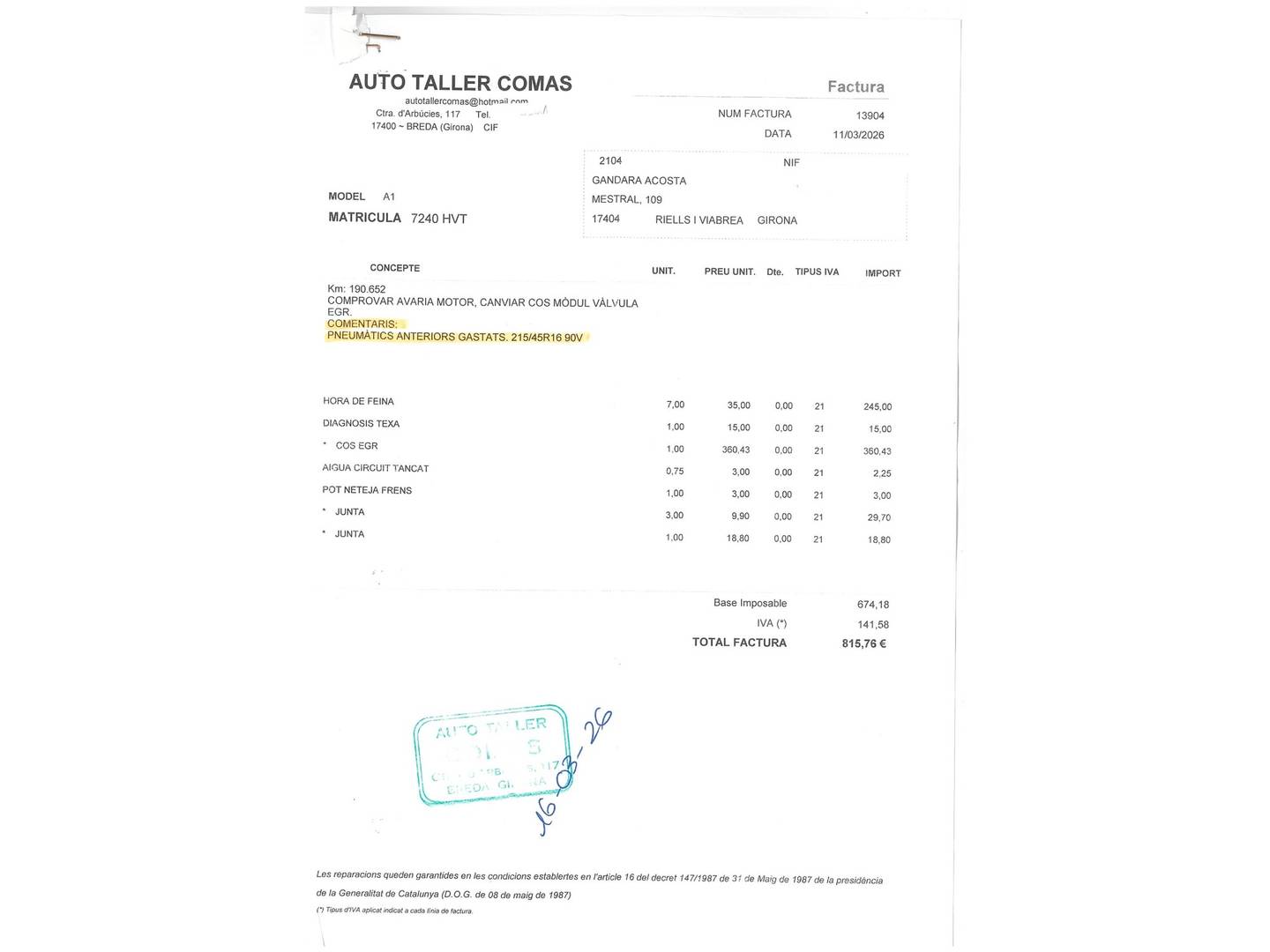 Foto del mantenimiento del Audi A1 Audi A1 Sportback Attracted 1.6 TDI (90 CV) S tronic