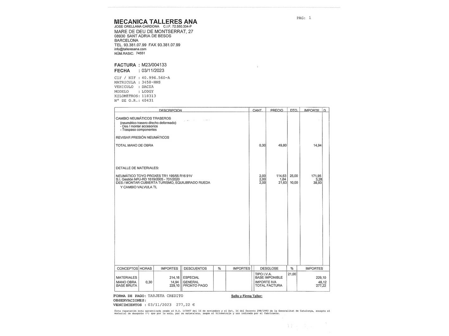 Foto del mantenimiento del Dacia Lodgy Dacia Lodgy dCi 110 Laureate (107 CV) 7 Plazas