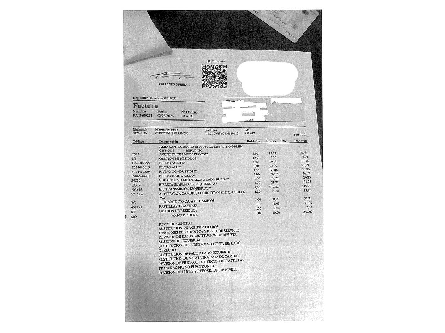 Foto del mantenimiento del Citroën Berlingo Citroën Berlingo BlueHDi 100 S&S Talla M Shine (102 CV) XTR