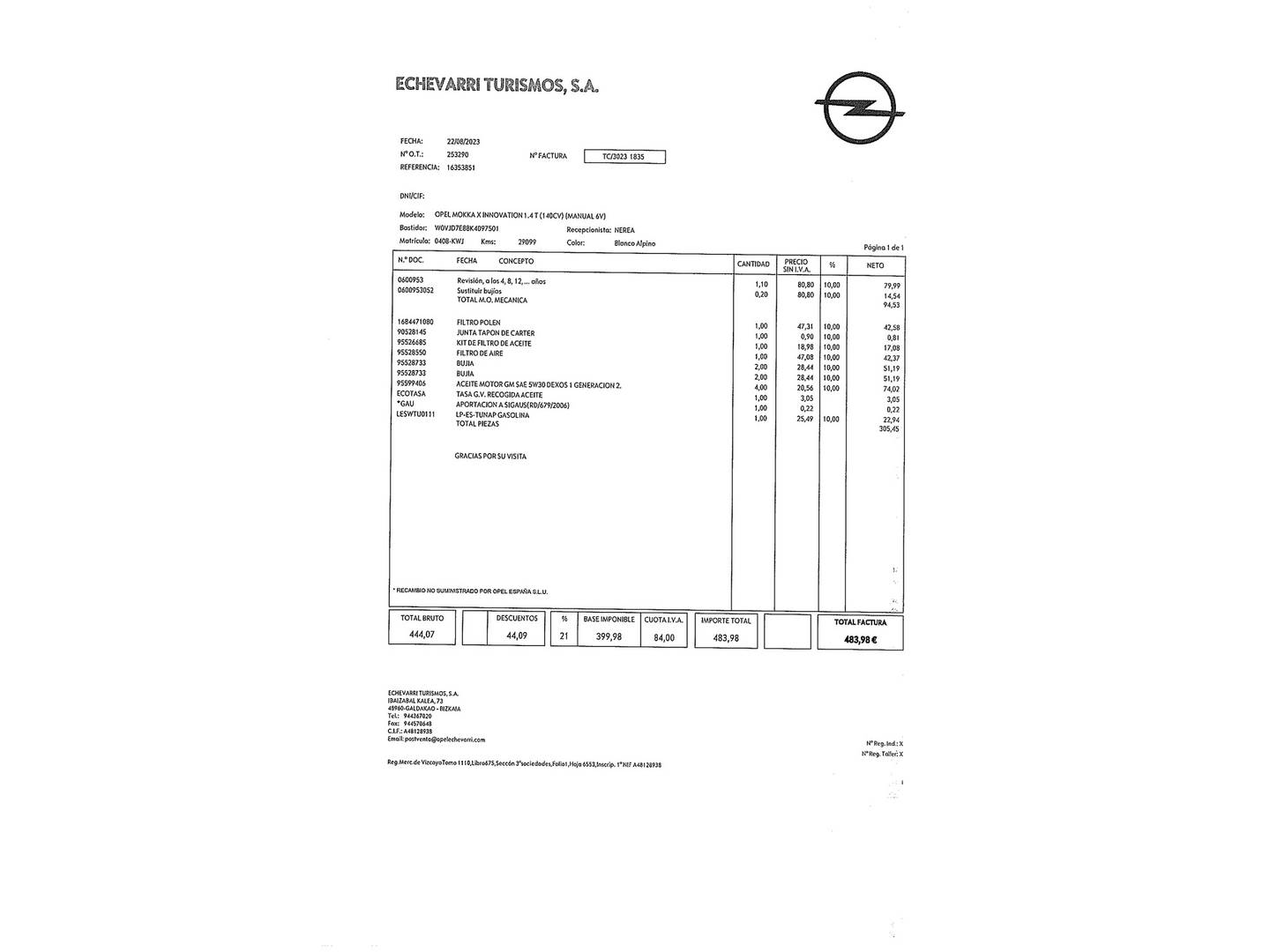 Foto del mantenimiento del Opel Mokka X Opel Mokka X 1.4 Turbo S&S Innovation 4X2 (140 CV)